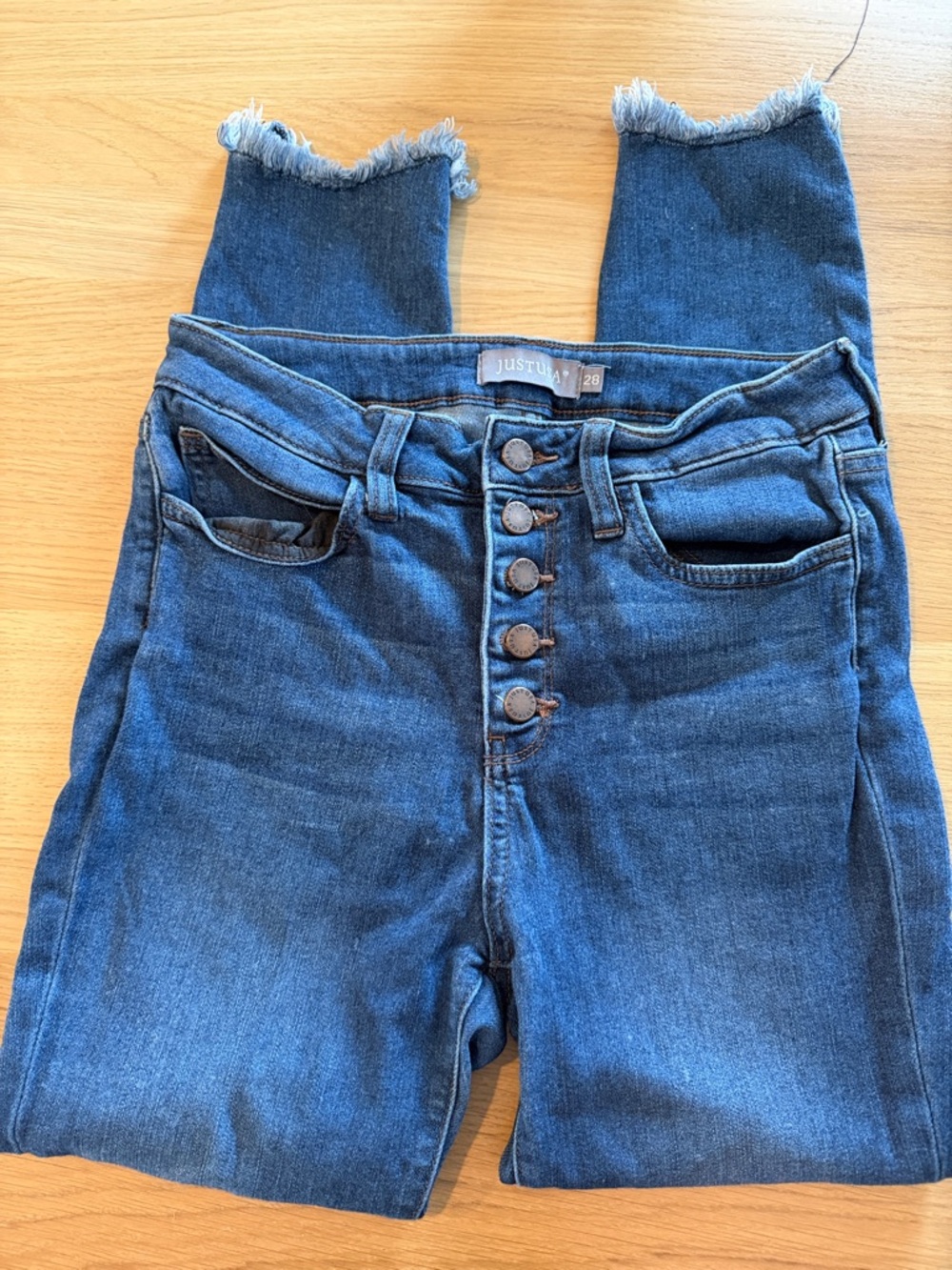 Just USA Dark Blue High-Rise Button-Fly Jeans with Frayed Hem